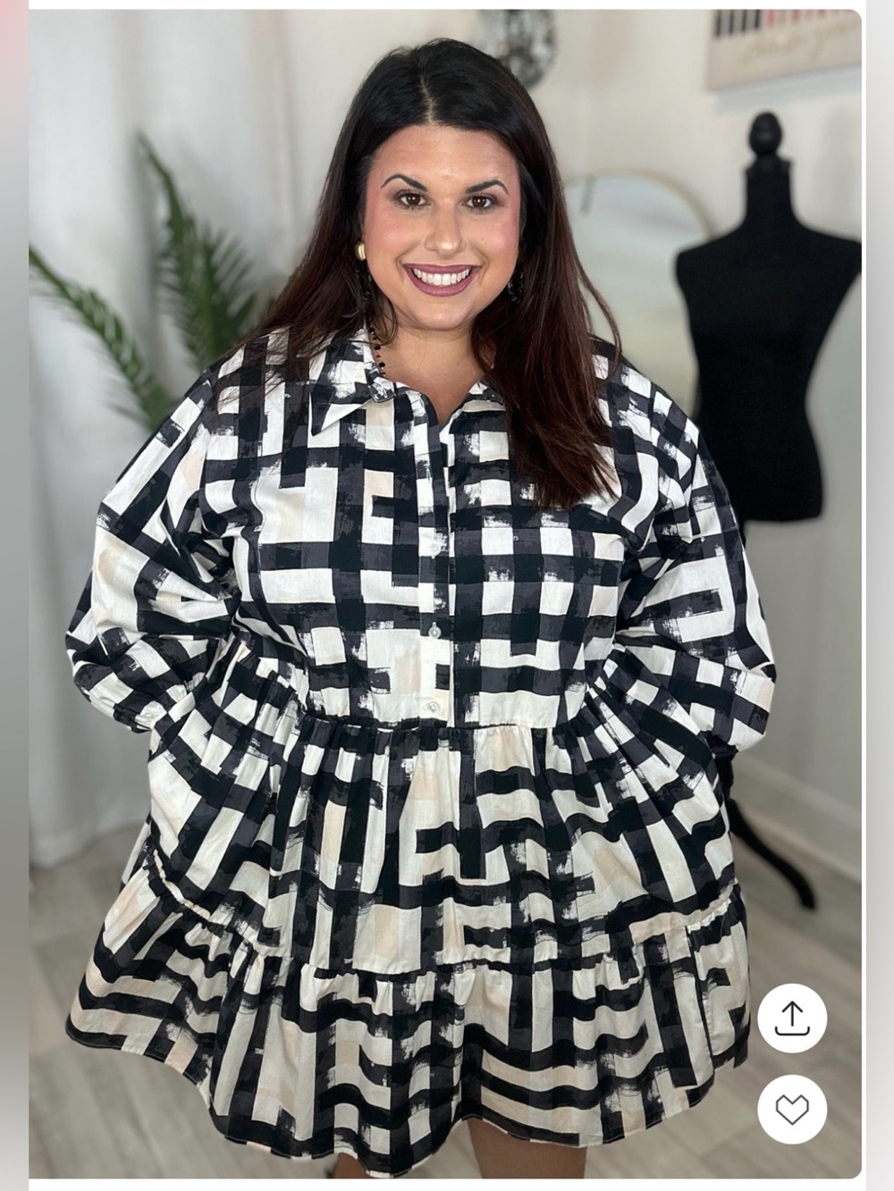 Plus Black & White and Beige Grid Tiered Shirt Dress
